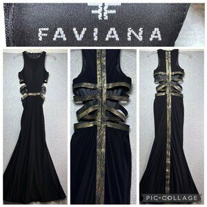 Faviana Gown Dress Sz 0 Black & Gold Mermaid Straps Cutout 7734 Goddess Prom